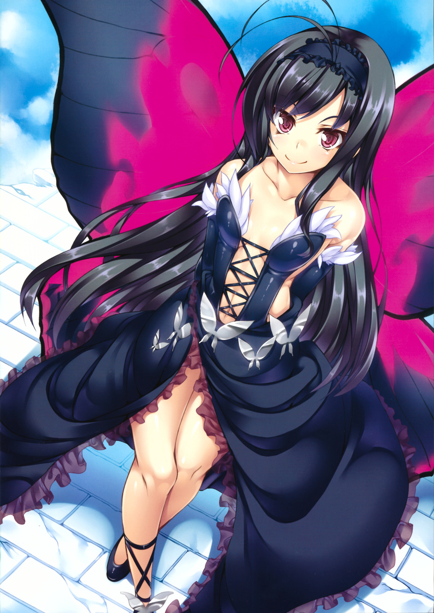 absurdres accel_world antenna_hair bare_shoulders black_hair blush bug butterfly butterfly_wings day dress elbow_gloves gloves hairband highres ichijou_hitoshi insect kuroyukihime legs long_hair looking_at_viewer navel sky smile solo wings