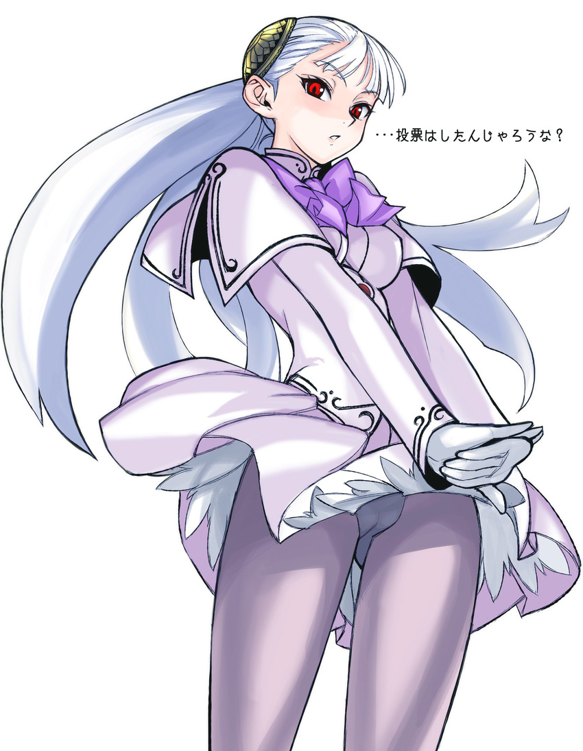 blush bow capcom_fighting_jam gloves hairpods highres ingrid long_hair looking_at_viewer panties panties_under_pantyhose pantyhose purple_legwear simple_background solo tetsu_(kimuchi) underwear very_long_hair white_background white_hair