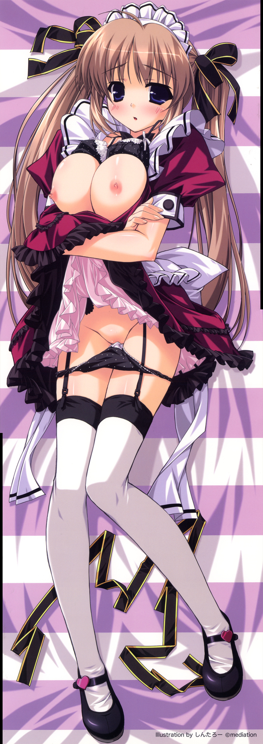 absurdres black_bra black_panties blue_eyes bra bra_lift breasts brown_hair cleavage copyright_request dakimakura dress full_body garter_straps highres horizontal-striped_background image_sample large_breasts maid maid_headdress nipples open_clothes open_dress panties panty_pull scan shintarou shoes skirt skirt_lift solo striped striped_background thighhighs twintails underwear white_legwear yandere_sample