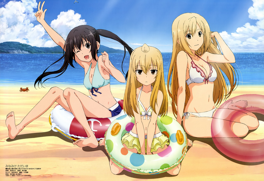 ;d absurdres adjusting_hair ahoge anchor_symbol arm_support arm_up bangs barefoot beach bikini bikini_skirt bird black_hair blonde_hair bow breasts brown_eyes cleavage clenched_hand cloud crab day feet flat_chest floating_hair frilled_bikini frills front-tie_top frown grey_eyes hair_between_eyes highres innertube legs light_rays long_hair long_legs maeda_nano megami minami-ke minami-ke_tadaima minami_chiaki minami_haruka minami_kana mountain multiple_girls navel non-web_source ocean official_art on_ground one_eye_closed open_mouth outdoors parted_bangs polka_dot scan seagull shadow short_shorts shorts siblings side-tie_bikini sidelocks sisters sitting sky smile soles sports_bikini spread_legs sunbeam sunlight swimsuit transparent twintails v v_arms very_long_hair wariza water yokozuwari