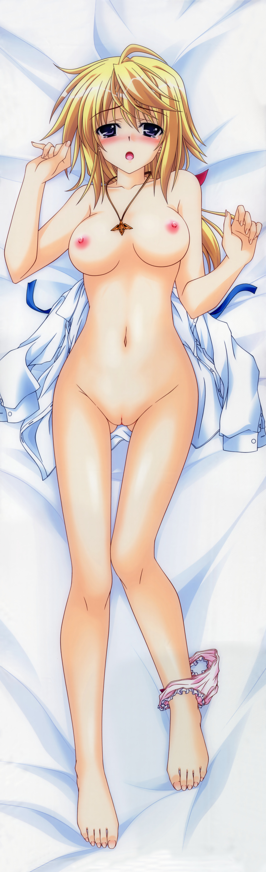 :o absurdres aoi_hiro barefoot blonde_hair blush breasts charlotte_dunois dakimakura full-face_blush full_body highres huge_filesize infinite_stratos jewelry legs long_legs medium_breasts navel necklace nipples open_mouth panties panties_around_one_leg pink_panties purple_eyes pussy scan shirt_removed solo underwear