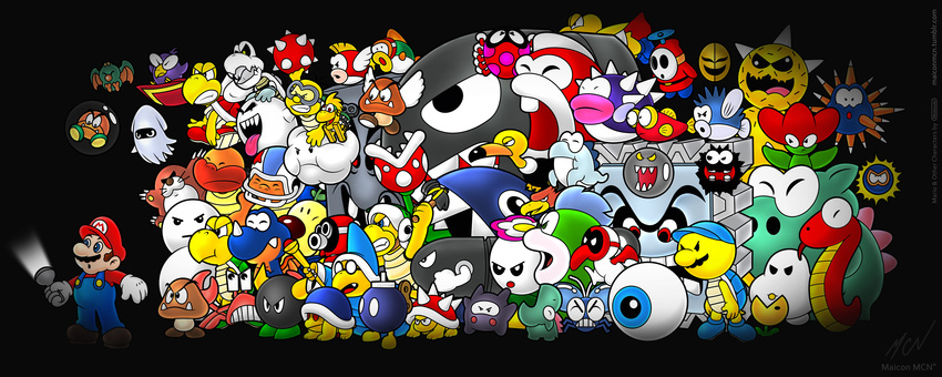 absurdres blooper bob-omb boo bullet_bill cheep_cheep dry_bones goomba hammer_bro highres kamek koopa_troopa lakitu long_image mario mario_(series) monty_mole shy_guy super_mario_bros. thwomp whomp wide_image wiggler