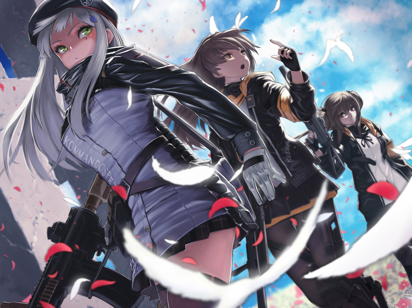 3girls assault_rifle bangs beret black_bow black_hat black_jacket black_legwear black_ribbon blue_sky bow brown_eyes brown_hair character_request closed_mouth commentary_request dutch_angle facial_mark falling_feathers fingerless_gloves flower girls_frontline gloves grass green_eyes grey_hair gun hat highres hk416_(girls_frontline) holding holding_gun holding_weapon hood hooded_jacket itaco1987 jacket long_hair multiple_girls open_clothes open_jacket open_mouth pantyhose plaid plaid_skirt ribbon rifle scar scar_across_eye shirt silver_hair skirt sky submachine_gun teardrop thighhighs ump45_(girls_frontline) ump9_(girls_frontline) weapon white_shirt