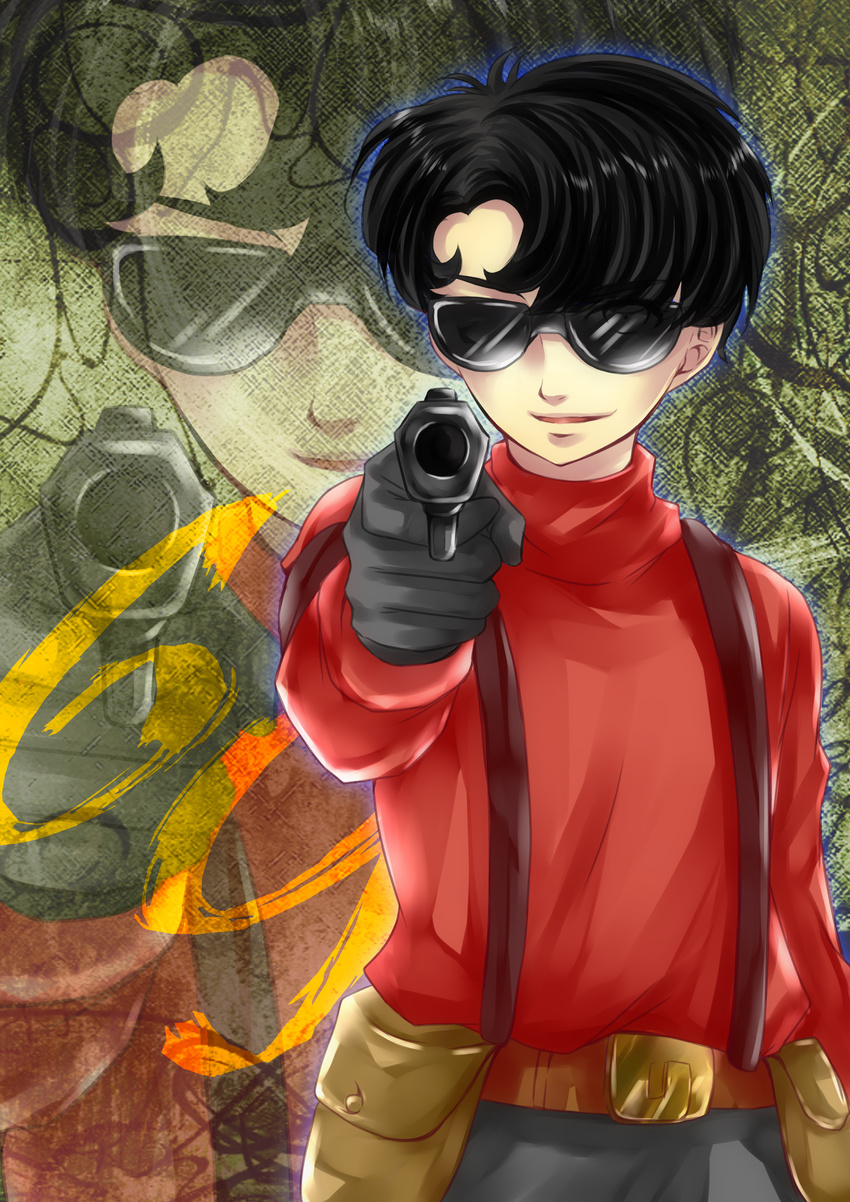 absurdres aiming_at_viewer belt black_hair gun handgun highres holding holding_gun holding_weapon koromo_(ttksymk) male_focus metropolis pistol pouch rock_(metropolis) smile solo sunglasses suspenders weapon zoom_layer