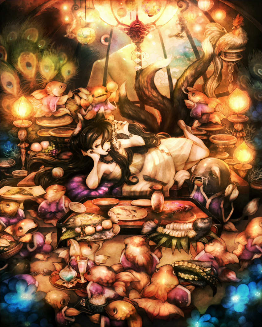 alcohol animal_ears black_hair cat_ears cat_tail eating fantasy fish fish_bone flower food highres multiple_tails original sake sui_(petit_comet) tail tongue