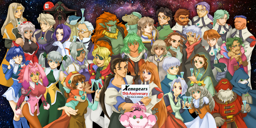 6+girls :3 :d alcohol animal_ears anniversary annotated armor bare_shoulders bartholomew_fatima beard big_joe billy_lee_black blonde_hair blue_eyes bow breasts brothers brown_eyes brown_hair broyer bunny_ears cape captain_of_the_thames champagne chu_chu_(xenogears) circlet citan_uzuki cloak dan_(xenogears) dark_skin detached_sleeves dolphin dominia_yizkor dress drill_hair earrings elbow_gloves elhaym_van_houten emerada_(xenogears) everyone eyepatch facial_hair facial_mark father_and_daughter fei_fong_wong forehead_mark franz_(xenogears) frown fur glass glasses gloves goggles goggles_on_head grahf green_eyes green_hair green_skin grey_hair hair_bow hair_over_shoulder hairband hammer_(xenogears) hans_(xenogears) hat heart helmet helmholz highres jessiah_black jewelry kahran_ramsus kelvena_(xenogears) krelian_(xenogears) large_breasts lawrence_maison long_hair marguerite_fatima maria_balthasar mask miang_hawwa midori_uzuki military military_uniform mother_and_daughter multicolored_hair multiple_boys multiple_girls mustache open_mouth orange_hair orange_hat pink_hair primera_black purple_eyes purple_hair queen_zephyr red_eyes renk ricardo_banderas ryukia scar seraphita_(xenogears) short_hair siblings sigurd_harcourt silver_hair skirt smile star stratski tattoo tolone_(xenogears) trench_coat twintails two-tone_hair uniform vance vest white_hair wiseman_(xenogears) xenogears yellow_bow yellow_eyes yui_uzuki