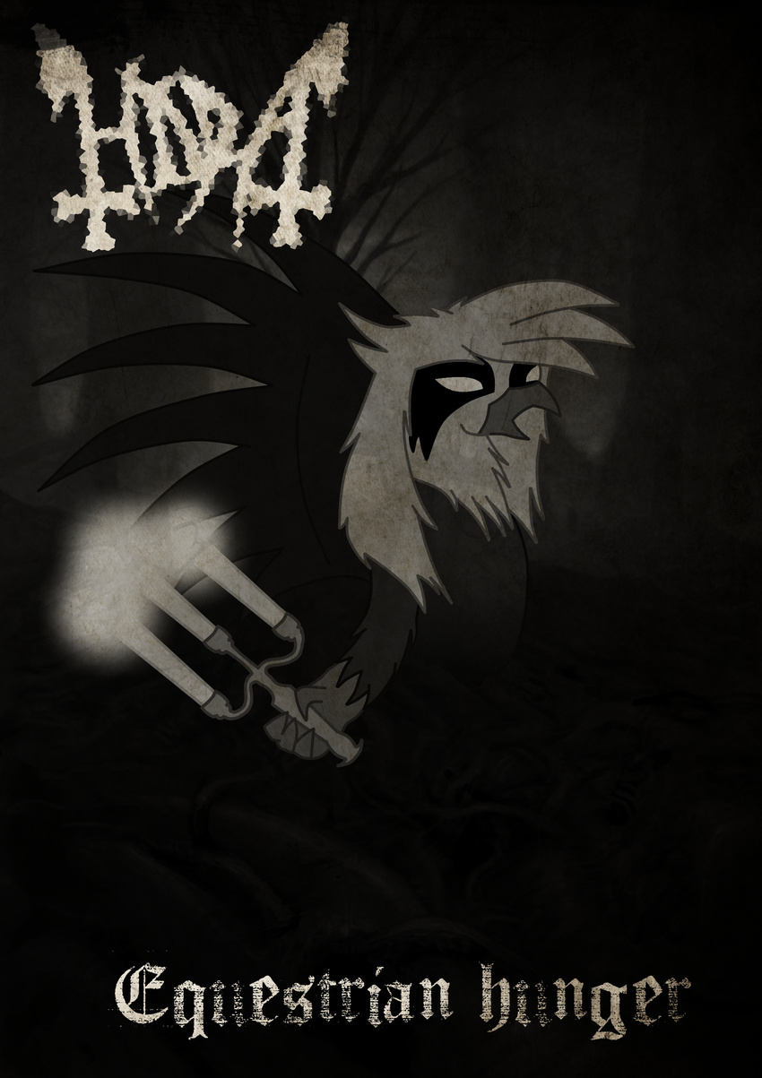 black_background black_metal candelabra english_text female friendship_is_magic gilda_(mlp) gryphon hi_res my_little_pony plain_background solo text wings