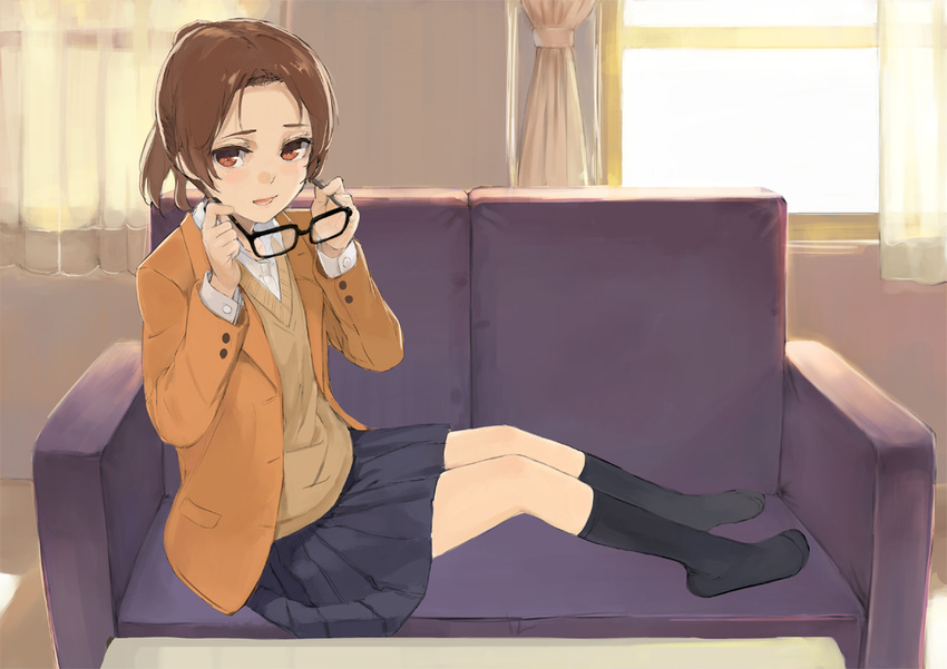 blazer brown_eyes brown_hair couch curtains eyewear_removed glasses holding holding_eyewear jacket kneehighs kuroko_(piii) original school_uniform sitting skirt solo sweater_vest window