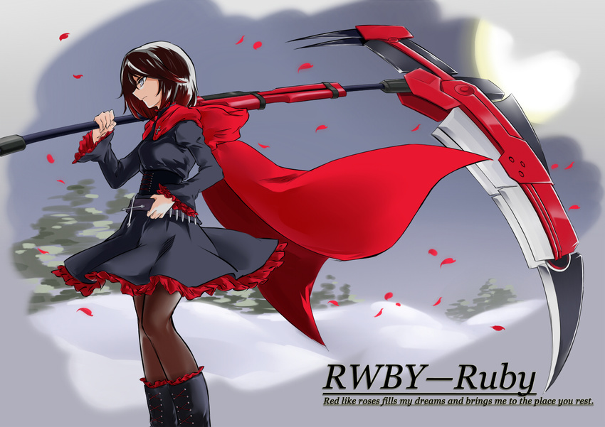 black_hair boots cape character_name copyright_name crescent_rose english gradient_hair heiqi_(sharpface) lyrics moon multicolored_hair night pantyhose petals red_hair rose_petals ruby_rose rwby scythe serious silver_eyes snow solo weapon