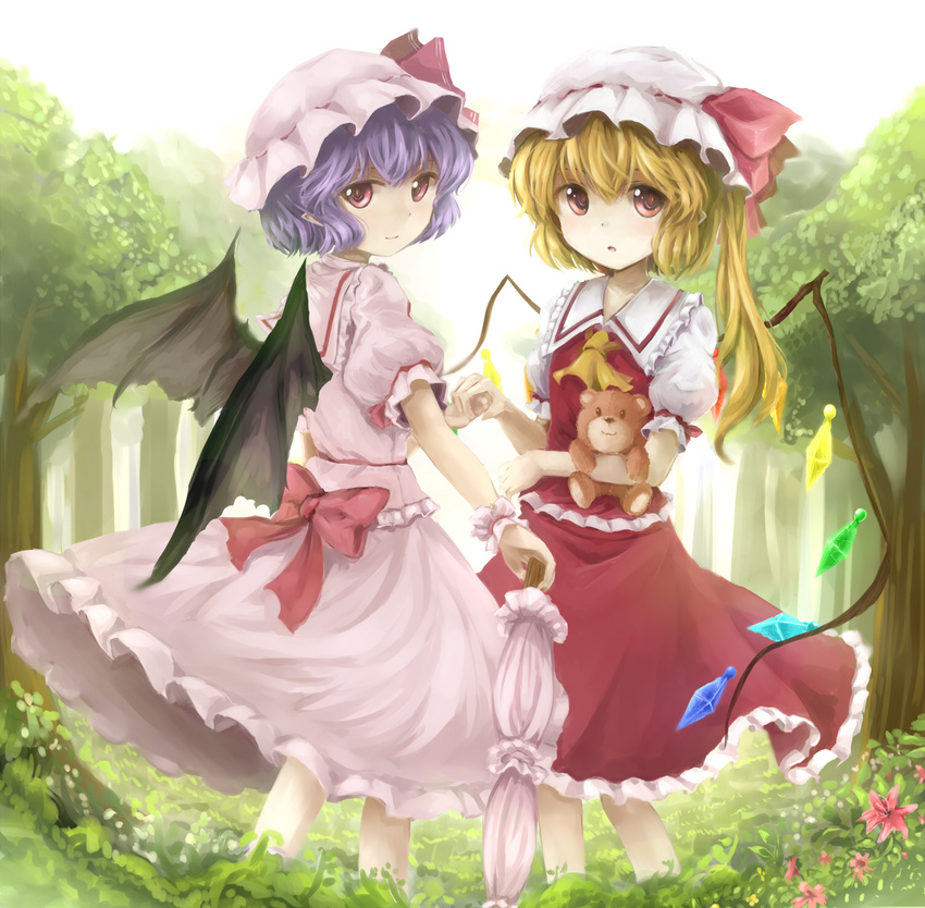 af-henrytz ascot bat_wings blonde_hair blue_hair closed_umbrella flandre_scarlet flower forest hat hat_ribbon highres holding_hands looking_at_viewer looking_back multiple_girls nature open_mouth pink_eyes pointy_ears puffy_sleeves remilia_scarlet ribbon shirt short_sleeves siblings side_ponytail sisters skirt skirt_set smile stuffed_animal stuffed_toy teddy_bear touhou tree umbrella wings wrist_cuffs