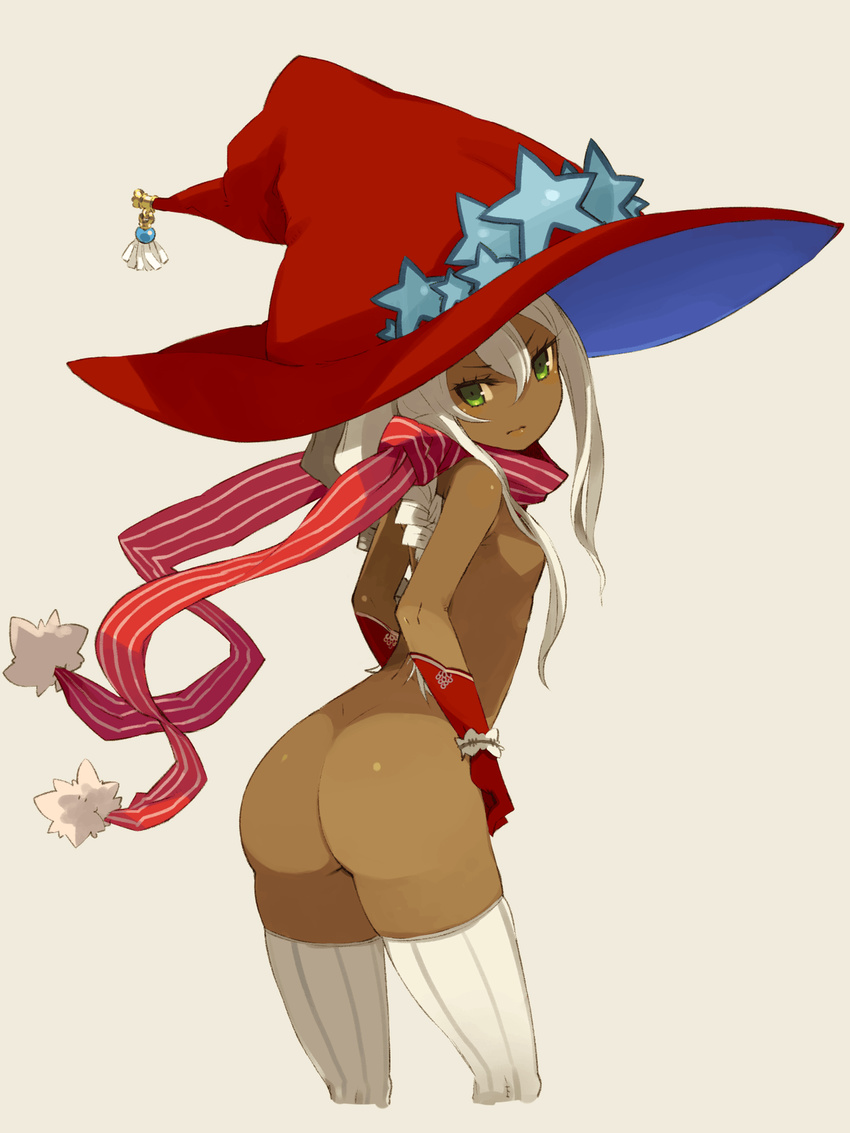 ass breasts cowboy_shot cropped_legs dark_skin gloves green_eyes hat highres large_hat long_hair looking_at_viewer mota naked_scarf nude original red_gloves revision scarf small_breasts solo star thighhighs white_hair white_legwear