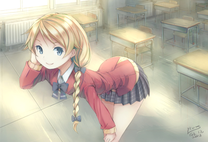 2013 artist_name bent_over blonde_hair blue_eyes bow bowtie braid chair classroom dated desk grey_eyes hair_bow hand_in_hair hand_on_own_head hand_on_own_knee highres long_hair looking_at_viewer looking_up miniskirt original radiator school_desk school_uniform signature skirt smile solo tsun-ko_(ycums) uniform ycums