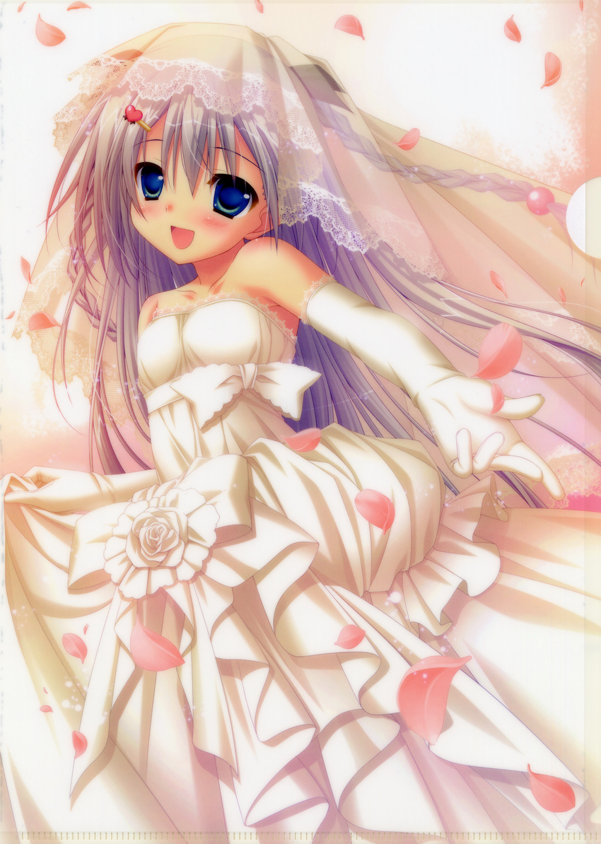 :d absurdres aoi_yachiho armpits bare_shoulders blue_eyes blush braid bridal_veil chikotam d: dress elbow_gloves gloves hair_ornament hairpin highres koi_imo_sweet_days looking_at_viewer open_mouth outstretched_arm petals purple_hair rose_petals see-through smile tareme veil wedding_dress white_dress