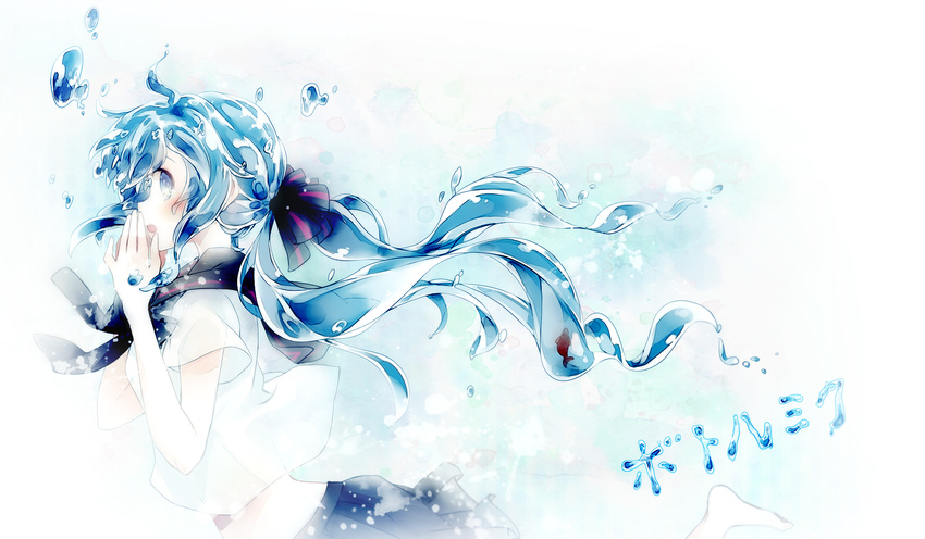 aqua_hair blue_eyes bottle_miku character_name fish hair_ribbon hatsune_miku highres liquid_hair long_hair midriff mukkun ribbon school_uniform serafuku skirt solo twintails very_long_hair vocaloid water