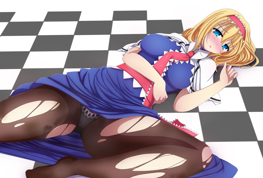 alice_margatroid blonde_hair blue_eyes breasts brown_legwear capelet checkered checkered_floor dress dress_lift hairband highres large_breasts lying open_mouth panties panties_under_pantyhose pantyhose saliva sash short_hair solo torn_clothes torn_legwear touhou underwear white_panties yuzumiya_mono