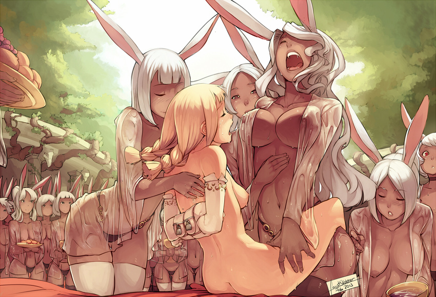 animal_ears arms_behind_back bdsm black_legwear black_panties blonde_hair blush bob_cut bondage bound bound_arms braid breasts brown_eyes bunny_ears ceremony choker closed_eyes commentary couple dark_skin dated dildo english_commentary faustsketcher final_fantasy final_fantasy_xii food fran fruit highleg highleg_panties large_breasts long_hair medium_breasts multiple_girls navel nipples nude oil open_mouth outdoors panties penelo plate red_eyes see-through sex short_hair small_breasts stomach strap-on sweat thighhighs twin_braids underwear viera wet wet_clothes white_hair white_legwear yuri
