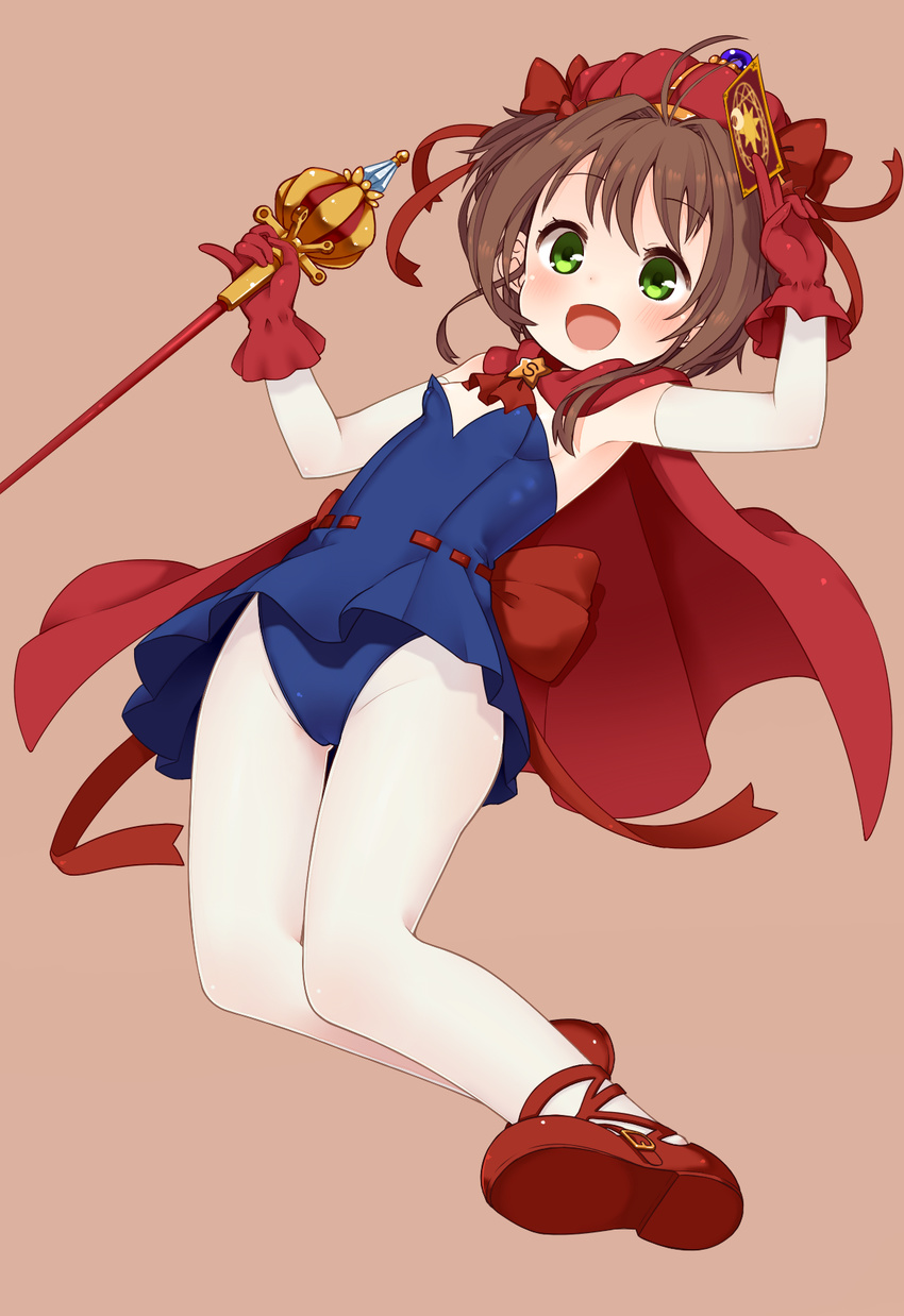 :d blue_leotard brown_hair cape card cardcaptor_sakura clow_card full_body gloves green_eyes hat highres kinomoto_sakura leotard magical_girl mary_janes muku_(muku-coffee) open_mouth pantyhose red_gloves red_hat ribbon-trimmed_clothes ribbon_trim scepter shoes short_hair simple_background smile solo wand