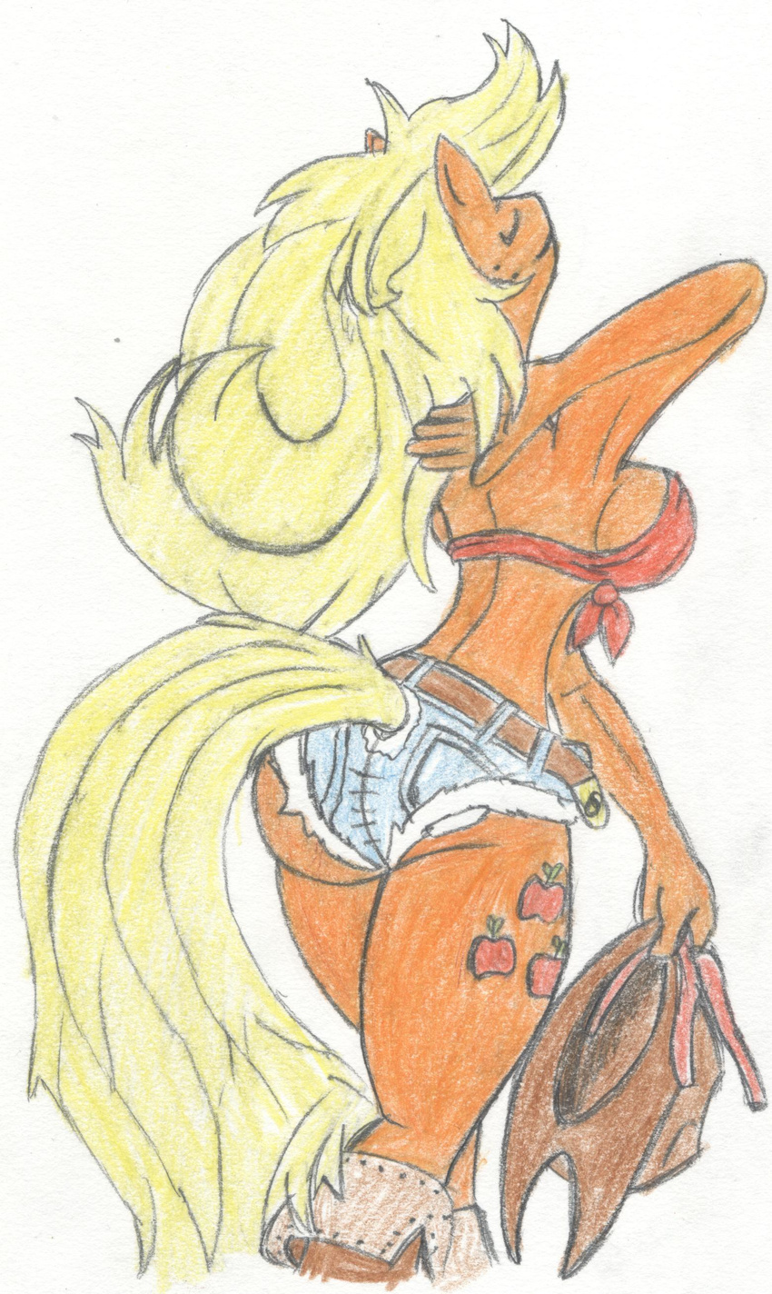 anthrofied applejack_(mlp) boots butt clothing cowboy_hat equine female friendship_is_magic hat horse mammal my_little_pony rikmccloud shorts