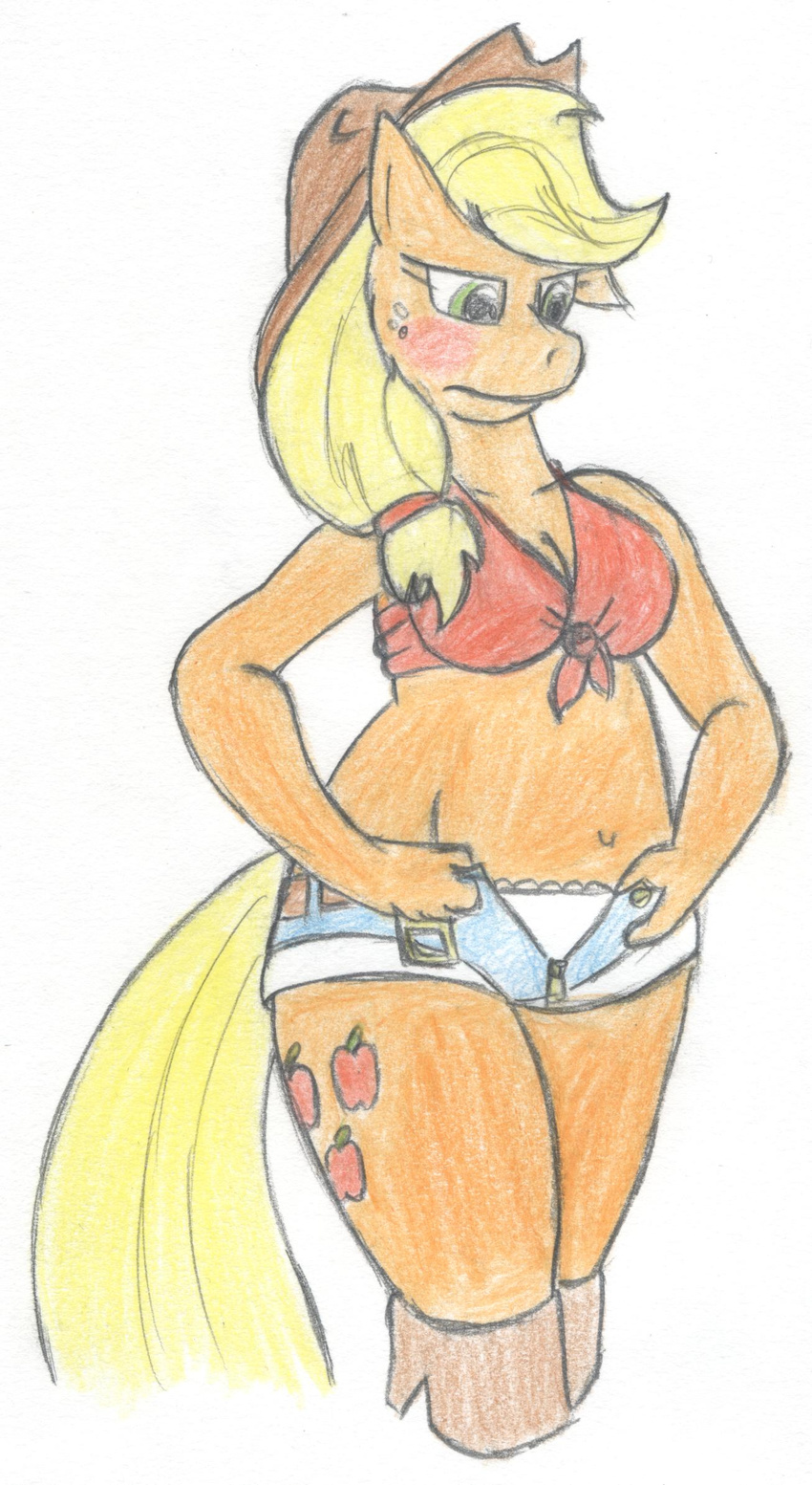 anthro anthrofied applejack_(mlp) blush boots clothing cowboy_hat equine female friendship_is_magic hat horse mammal my_little_pony panties rikmccloud shorts underwear