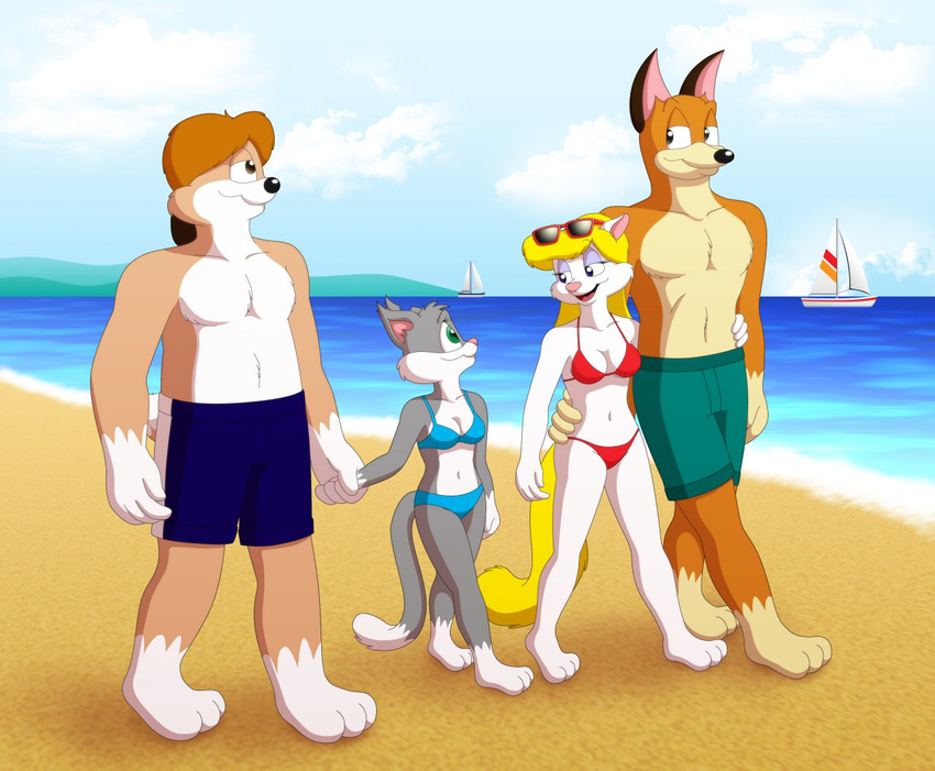 anthro beach big_breasts bikini black_nose blonde_hair breasts buttons buttons_(animaniacs) canine cat clothed clothing dog eyewear feline female guimontag hair half-dressed hand_holding interspecies long_hair male mammal minerva minerva_mink mink muscles mustelid navel outside pecs rita rita_(animaniacs) runt sailboat sand sea seaside shorts skimpy sky sunglasses swimsuit tight_clothing warner_brothers water