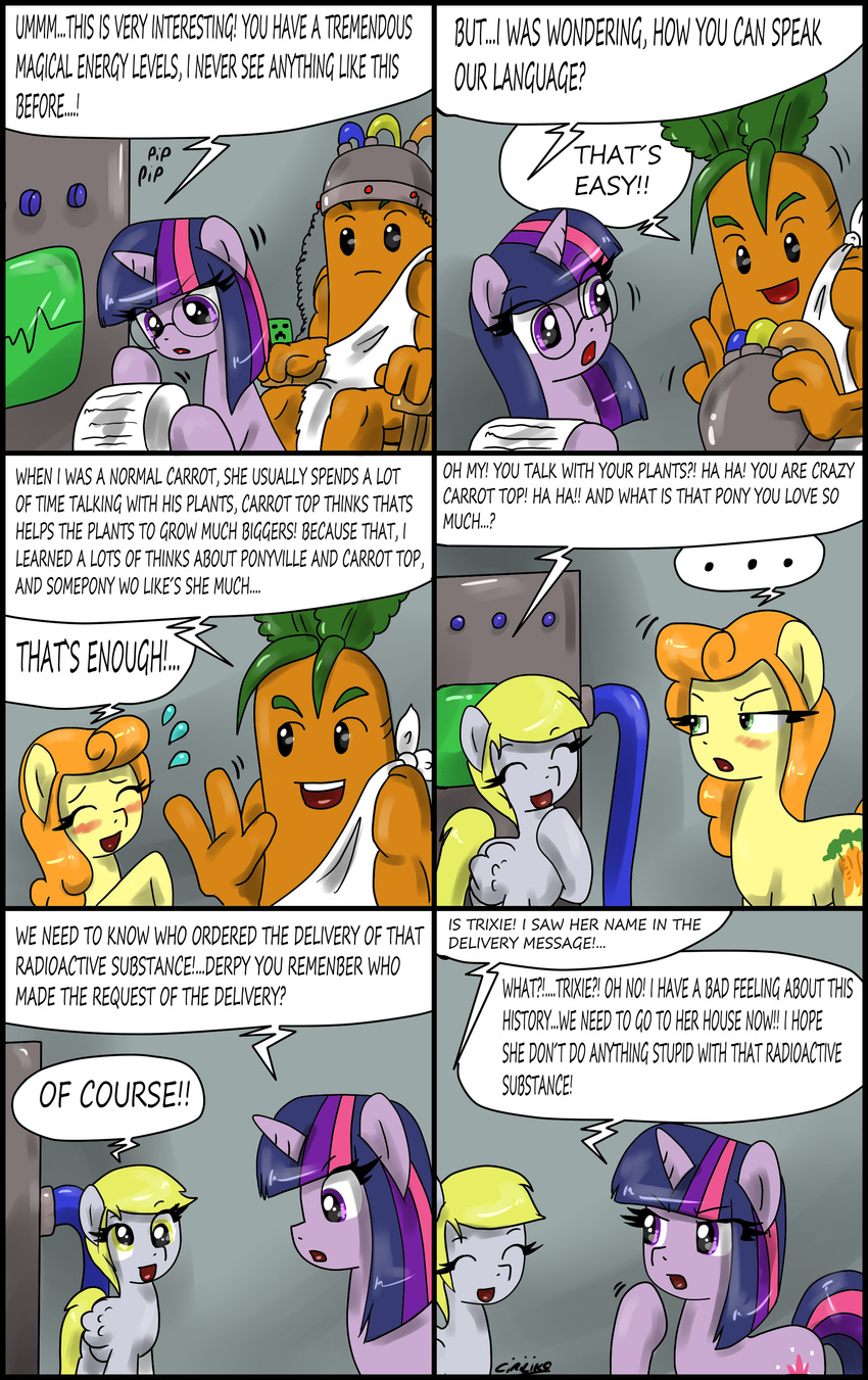 2013 ? anthro blonde_hair blush carrot carrot_top_(mlp) ciriliko comic creeper derpy_hooves_(mlp) dialog english_text equine eyewear female feral friendship_is_magic glasses hair horn horse mammal minecraft multi-colored_hair my_little_pony orange_hair pegasus pony purple_eyes text toga twilight_sparkle_(mlp) unicorn video_games wings yellow_eyes