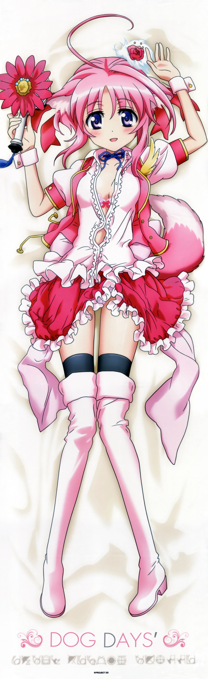 1girl absurdres ahoge animal_ears arms_behind_back artist_request bed bed_sheet black_legwear blue_eyes blush boots bra copyright_name d: dakimakura dog_days dog_ears dog_tail dress frilled_dress frills from_above full_body highres knees_together_feet_apart legs long_image looking_at_viewer lying microphone millhiore_f_biscotti on_back on_bed on_stomach open_clothes open_dress open_mouth panties pantyshot pink_boots pink_bra pink_hair pink_legwear pink_panties skirt skirt_lift solo tail tall_image thigh_boots thighhighs title_drop underwear upskirt wrist_cuffs