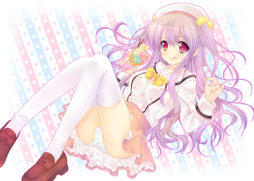 :q banana casual food fruit full_body green_panties hair_bobbles hair_ornament hat ice_cream ice_cream_cone leaning_back legs legs_up looking_at_viewer original panties pantyshot pantyshot_(sitting) pocky ponton purple_eyes purple_hair shoes simple_background sitting spoon striped striped_background striped_panties tareme thighhighs tongue tongue_out twintails underwear waffle_cone white_legwear white_panties