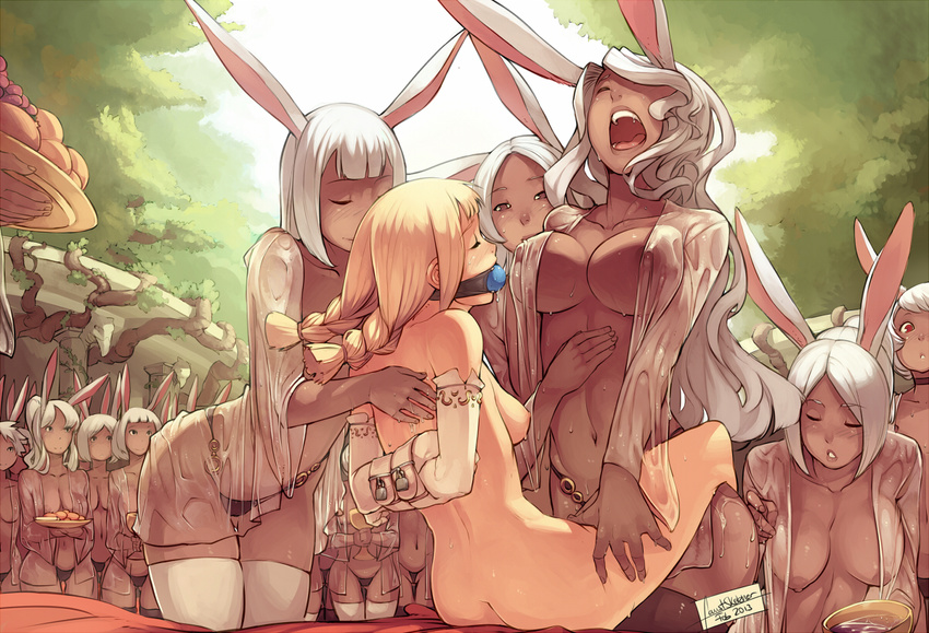 animal_ears arms_behind_back ball_gag bdsm black_legwear black_panties blonde_hair blush bob_cut bondage bound bound_arms box_tie braid breasts brown_eyes bunny_ears ceremony choker closed_eyes commentary couple dark_skin dated day faustsketcher final_fantasy final_fantasy_xii food fran fruit gag gagged highleg highleg_panties large_breasts lock long_hair medium_breasts multiple_girls nipples nude oil outdoors padlock panties penelo plate red_eyes see-through sex short_hair small_breasts sweat thighhighs twin_braids underwear viera wet wet_clothes white_hair white_legwear yuri