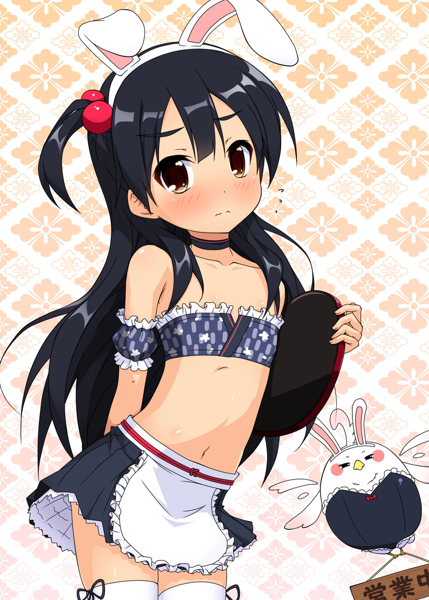 animal_ears bird black_hair blush brown_eyes bunny_ears choker dera_mochimazzui flying_sweatdrops hair_bobbles hair_ornament highres k10k kitashirakawa_anko long_hair midriff miniskirt navel one_side_up skirt tamako_market translated