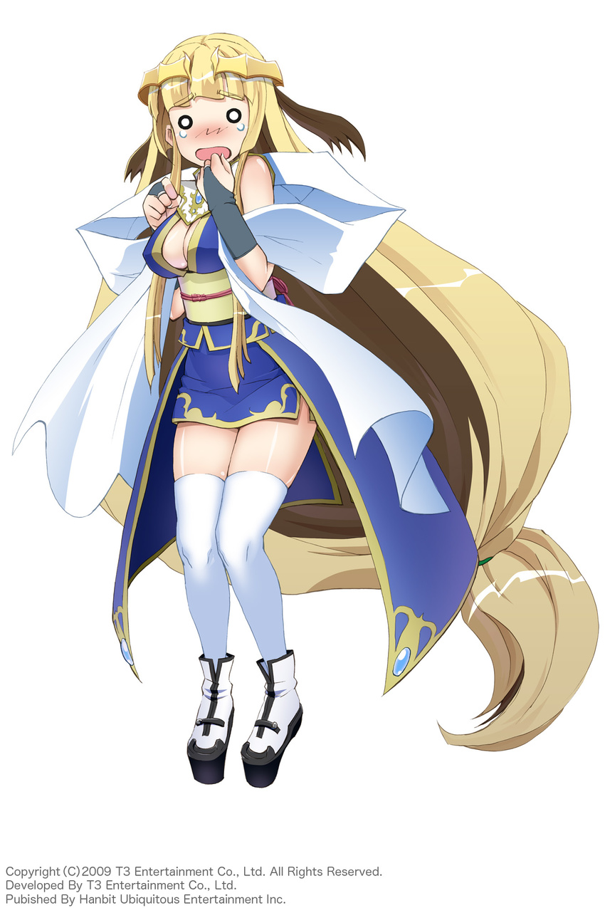 absurdly_long_hair arksign blonde_hair blue_eyes blush breasts bridal_gauntlets cleavage full_body hand_to_own_mouth highres kimura_shigetaka knees_together_feet_apart long_hair low-tied_long_hair medium_breasts no_nose o_o obi official_art open_mouth platform_footwear sash shawl simple_background solo teardrop thighhighs tiara very_long_hair white_legwear yui_(arksign)