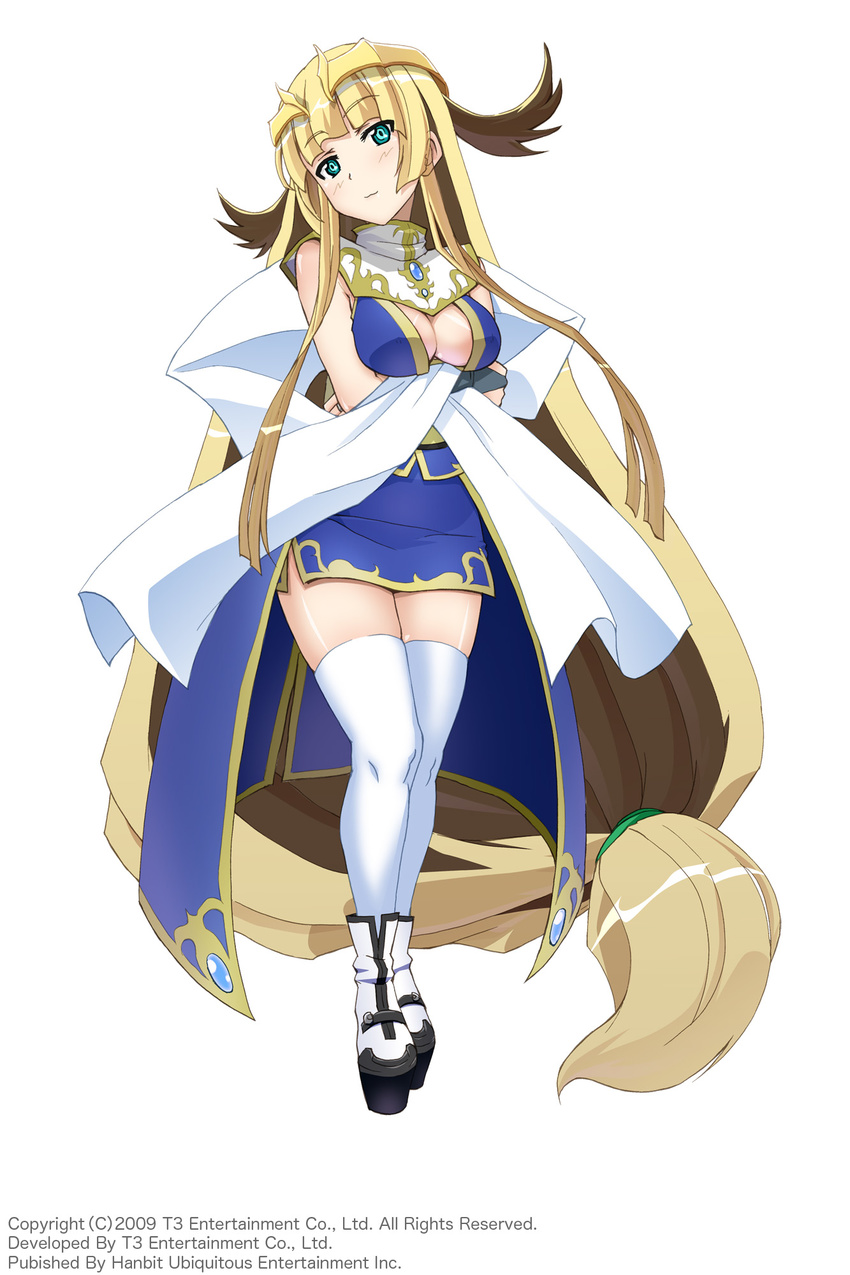 :3 absurdly_long_hair arksign blonde_hair blue_eyes breasts bridal_gauntlets cleavage crossed_arms full_body head_tilt highres kimura_shigetaka long_hair looking_at_viewer low-tied_long_hair medium_breasts obi official_art platform_footwear sash shawl simple_background solo thighhighs tiara very_long_hair white_legwear yui_(arksign)