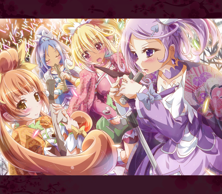 aida_mana blonde_hair blue_hair blush brown_eyes brown_hair choker closed_eyes cure_diamond cure_heart cure_rosetta cure_sword dokidoki!_precure electric_guitar flute guitar hair_ornament highres hishikawa_rikka inoshishi_(ikatomo) instrument japanese_clothes kenzaki_makoto letterboxed multiple_girls pink_eyes ponytail precure purple_choker purple_eyes purple_hair purple_skirt skirt smile spade_hair_ornament twintails yotsuba_alice