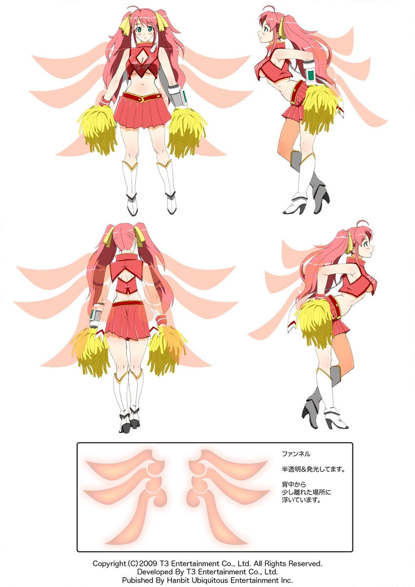 ahoge arksign back blue_eyes blush boots breasts character_sheet cheerleader cheerleader_(arksign) cleavage cleavage_cutout from_behind hair_ribbon high_heels highres kimura_shigetaka kneepits large_breasts leaning_forward long_hair midriff multiple_views multiple_wings navel no_bra official_art open_mouth pink_hair pleated_skirt pom_poms profile ribbon see-through shoes sideboob simple_background skirt turnaround twintails underboob very_long_hair white_background wings