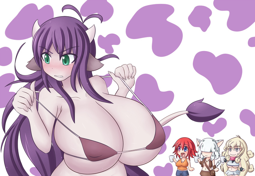 4girls ahoge animal_ears bikini bra breasts cow_ears cow_girl cow_print cow_tail eira eira_(jcdr) female gigantic_breasts green_eyes heterochromia highres horns huge_breasts jcdr long_hair micro_bikini multiple_girls original purple_hair standing swimsuit tail underwear