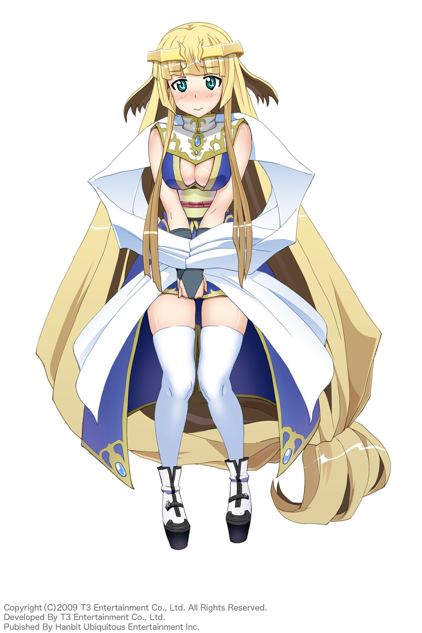 absurdly_long_hair arksign blonde_hair blue_eyes blush breasts bridal_gauntlets cleavage full_body hands_together highres kimura_shigetaka knees_together_feet_apart long_hair low-tied_long_hair medium_breasts obi official_art platform_footwear sash shawl simple_background solo thighhighs tiara v_arms very_long_hair wavy_mouth white_legwear yui_(arksign)