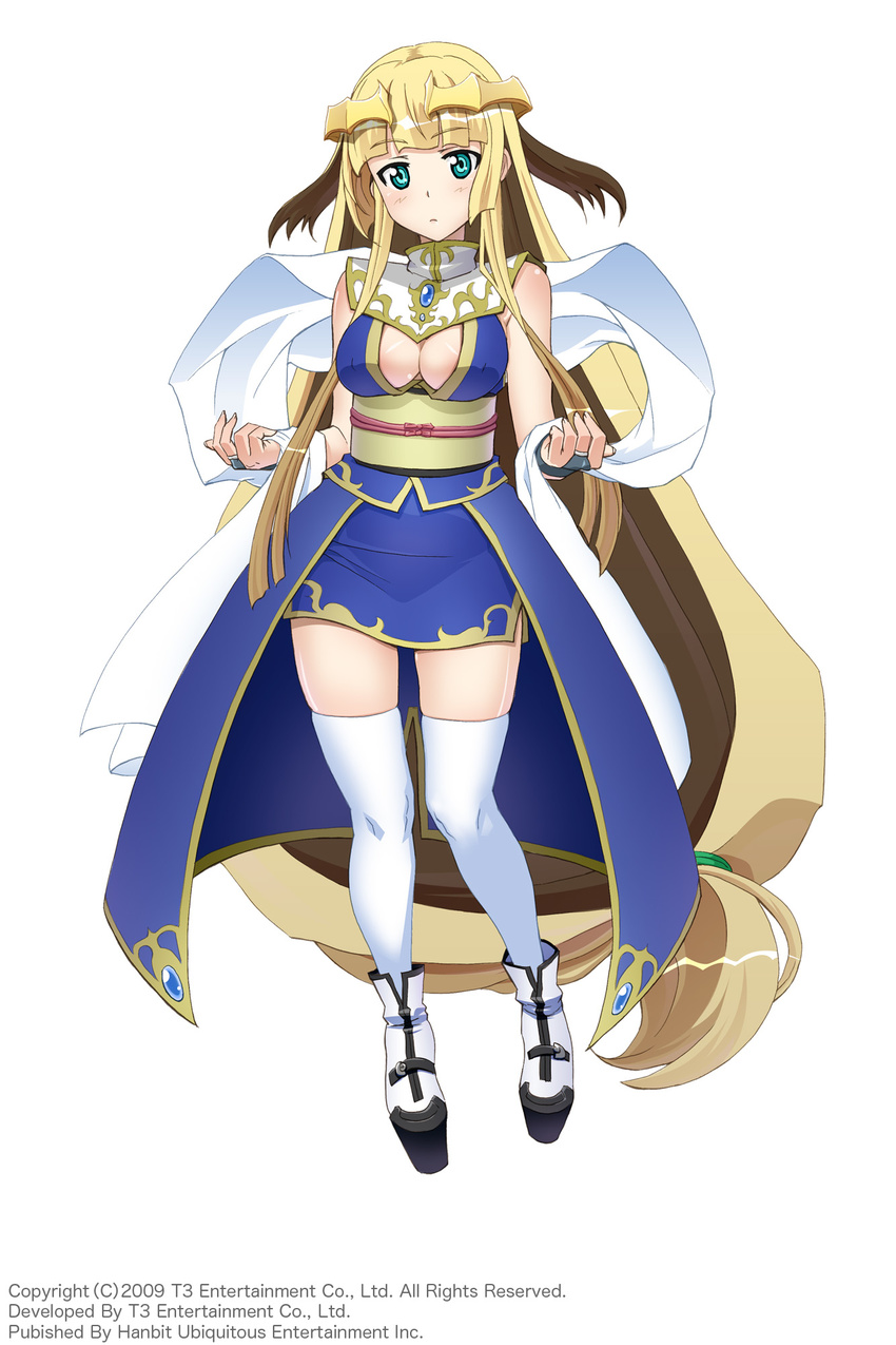 absurdly_long_hair arksign blonde_hair blue_eyes breasts bridal_gauntlets cleavage full_body highres kimura_shigetaka long_hair low-tied_long_hair medium_breasts obi official_art platform_footwear sash shawl simple_background solo thighhighs tiara very_long_hair white_legwear yui_(arksign)