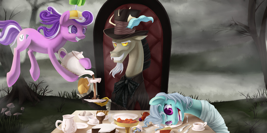 antlers aurarrius beanie blonde_hair cup cutie_mark derpy_hooves_(mlp) discord_(mlp) draconequus equine female feral flying food friendship_is_magic grey_hair grin group hair hat horn horse male mammal my_little_pony plate pony propeller_hat purple_eyes purple_hair red_eyes screw_loose_(mlp) screwball_(mlp) straitjacket table tea top_hat two_tone_hair