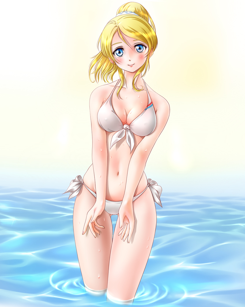 absurdres ayase_eli bikini blonde_hair blue_eyes blush breasts cleavage front-tie_top highres legs long_hair long_legs love_live! love_live!_school_idol_project md5_mismatch medium_breasts miharin ponytail side-tie_bikini solo swimsuit thigh_gap thighs wading water wet