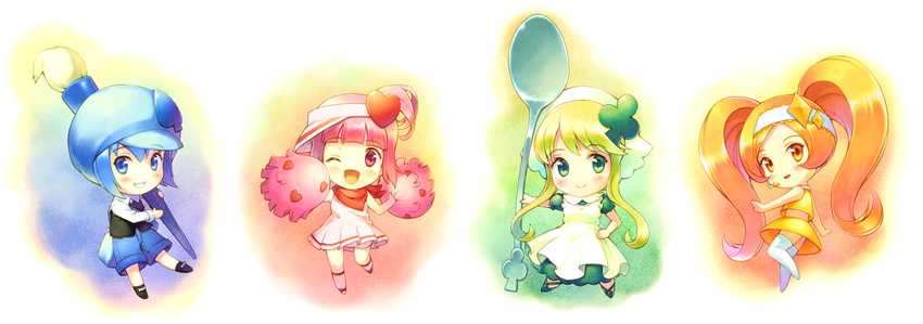 ;d apron bandana blue_eyes blue_hair blush cabbie_hat cheerleader chibi club_(shape) dia_(shugo_chara!) diamond_(shape) dress green_eyes green_hair grin hair_ornament hairband hat hat_ornament headset heart highres kurage_(kurakurapix) miki_(shugo_chara!) multiple_girls one_eye_closed open_mouth orange_eyes orange_hair paintbrush pink_eyes pink_hair pom_poms ran_(shugo_chara!) shorts shugo_chara! side_ponytail sleeveless sleeveless_dress smile spade_(shape) spoon suu_(shugo_chara!) thighhighs visor_cap white_legwear