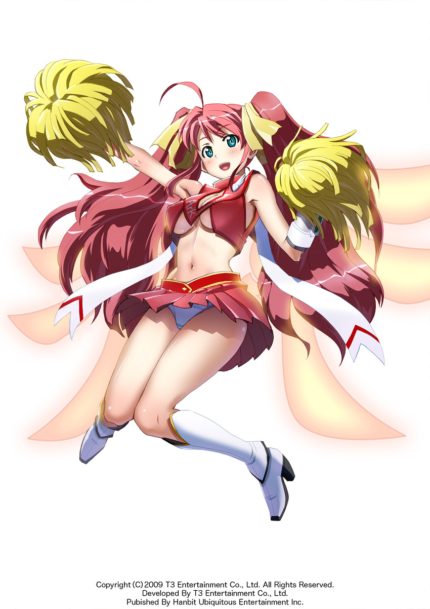 ahoge arksign blue_eyes blush boots breasts cheerleader cheerleader_(arksign) cleavage cleavage_cutout covered_nipples full_body hair_ribbon high_heels highres jumping kimura_shigetaka knees_together_feet_apart large_breasts long_hair midriff multiple_wings navel no_bra official_art open_mouth panties pink_hair pleated_skirt pom_poms ribbon shoes simple_background skirt solo twintails underboob underwear very_long_hair white_background white_panties wings