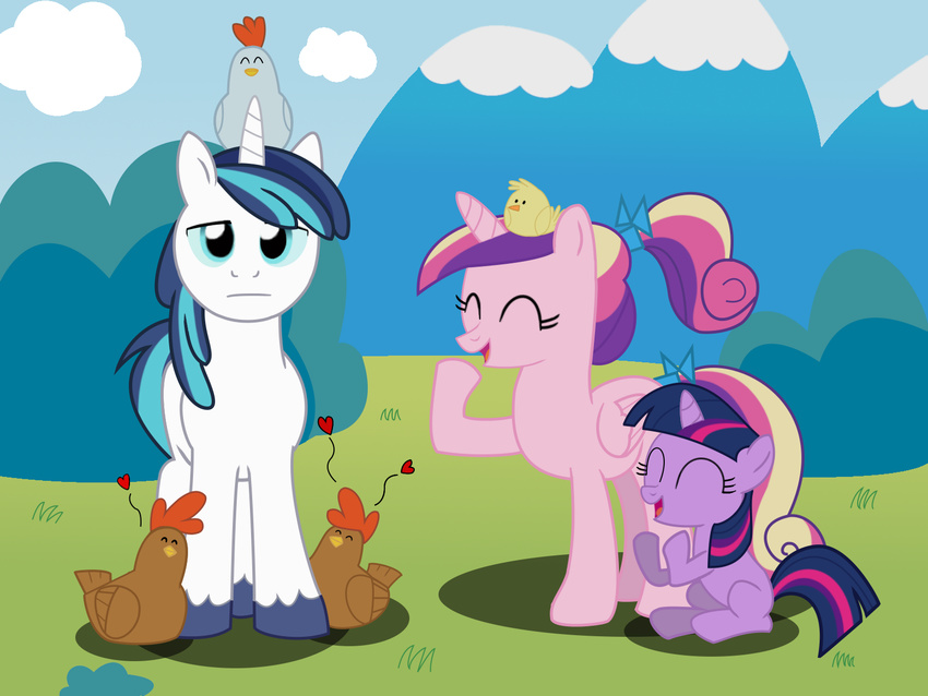 &lt;3 avian bird blue_eyes blue_hair bow chicken equine eyes_closed female feral friendship_is_magic hair happy horn horse laugh male mammal multi-colored_hair my_little_pony outside pony ponytail princess_cadance_(mlp) shining_armor_(mlp) sitting thunderhawk03 twilight_sparkle_(mlp) unimpressed winged_unicorn wings young
