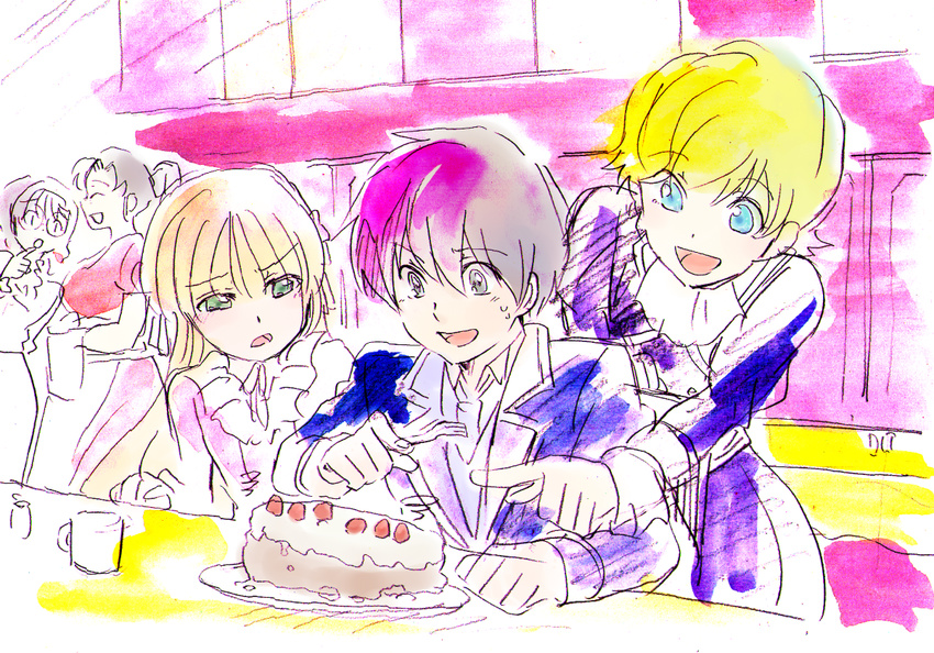 4girls annoyed avril_bradley black_hair blonde_hair cake cecile_lafitte colored_pencil_(medium) food fork friends gosick kujou_kazuya multiple_girls sketch sophie_(gosick) t00ku_(higher0617) traditional_media victorica_de_blois