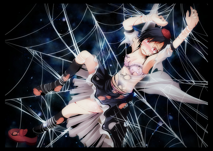 bad_id bad_pixiv_id black_hair bra hat highres looking_at_viewer looking_up red_eyes s-syogo scared shameimaru_aya shoes short_hair silk single_shoe skirt solo spider_web tokin_hat torn_clothes touhou underwear wings