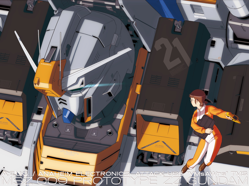 brown_hair carrying character_name glasses gundam gundam_msv jumpsuit mecha milly_childer prototype_zz_gundam short_twintails twintails yamarata