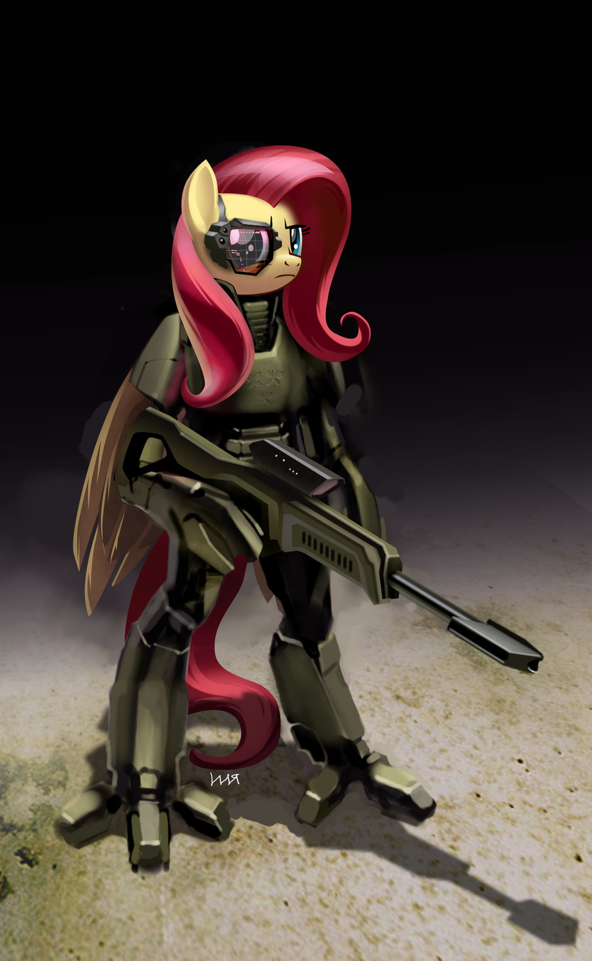 absurd_res anthro anthrofied armor blue_eyes dark_background equine female fluttershy_(mlp) friendship_is_magic futuristic gun hair hi_res high_tech_armor horse looking_at_viewer mammal my_little_pony ocular_targeting_device pegasus pink_hair pony ranged_weapon rifle solo standing vombavr weapon wings yellow_body