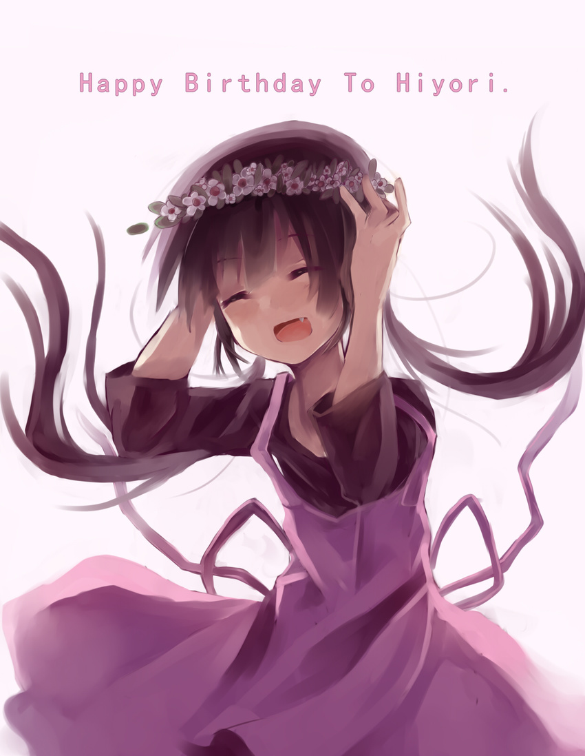 apron asahina_hiyori character_name closed_eyes dress fang happy_birthday head_wreath highres kagerou_project long_hair saku_qq smile solo twintails