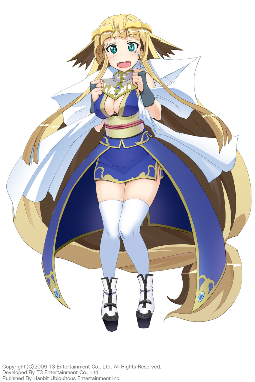 absurdly_long_hair arksign blonde_hair blue_eyes breasts bridal_gauntlets cleavage full_body highres kimura_shigetaka knees_together_feet_apart long_hair low-tied_long_hair medium_breasts obi official_art open_mouth platform_footwear sash shawl simple_background solo sweatdrop thighhighs tiara very_long_hair white_legwear yui_(arksign)