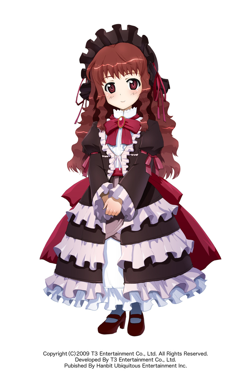 arksign azuki_(arksign) bonnet bow brooch brown_eyes brown_hair dress frills full_body gothic_lolita hairband hands_together high_heels highres jewelry kimura_shigetaka lolita_fashion lolita_hairband long_hair official_art ribbon shoes simple_background smile solo wavy_hair white_background