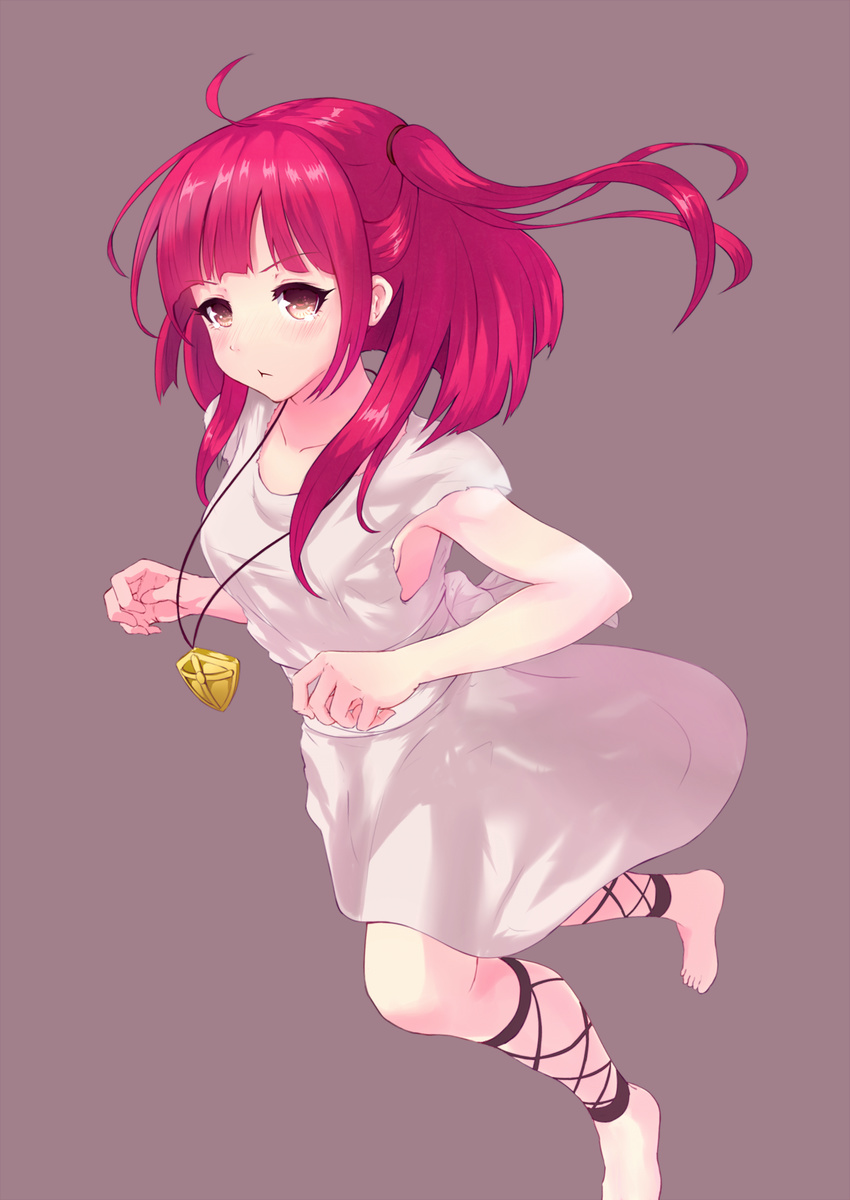 :t ankle_lace-up bad_id bad_pixiv_id barefoot beelzelub blush brown_eyes cross-laced_footwear feet highres jewelry long_hair magi_the_labyrinth_of_magic morgiana one_side_up pendant red_hair simple_background solo tears