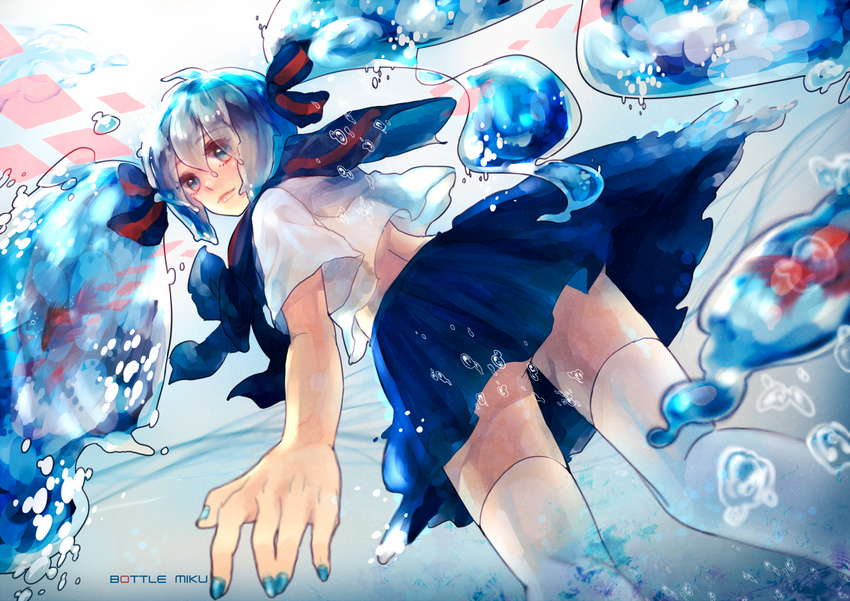 blue_eyes blue_hair bottle_miku character_name fish hair_ribbon hatsune_miku liquid_hair long_hair looking_back nail_polish ribbon school_uniform serafuku skirt solo thighhighs twintails very_long_hair vocaloid wasshige